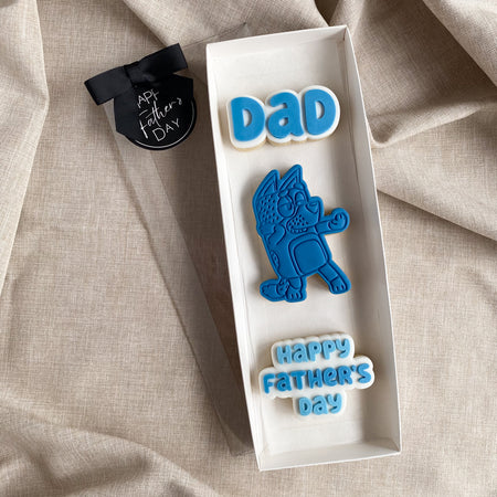 Bandit from Bluey with Dad and Happy Father's Day sugar cookies